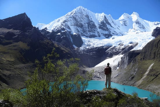 Laguna Solteracocha glacial lake and Rasac icefall near Jahuacocha, Cordillera Huayhuash
