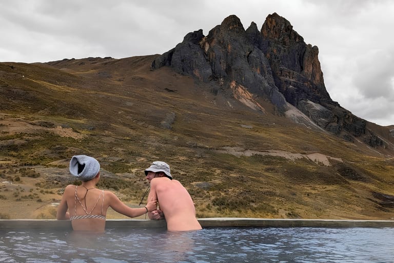 Viconga hot springs Peru, natural thermal pools at a Huayhuash Circuit camp